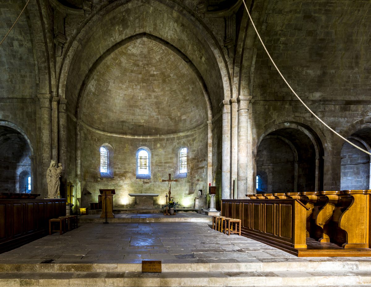 Gordes, France - December 10, 2015: Inside the church of Senanque abbey. It was founded in 1148 under the patronage of Alfant, bishop of Cavaillon, and Ramon Berenguer II, Count of Provence.